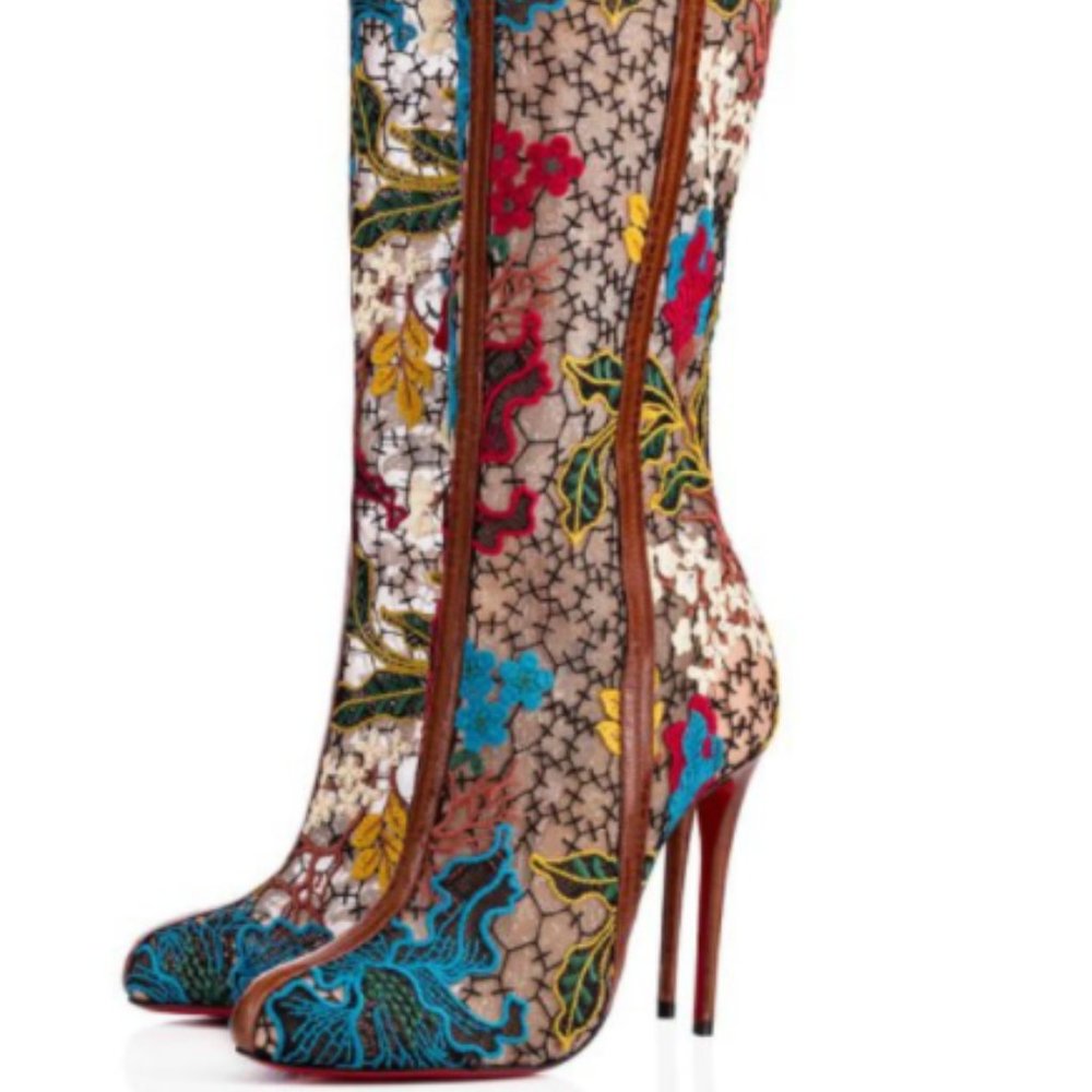 Christian Louboutin FISHNUT Miss Tennis Mesh Embroidered Knee High Boots Sz 39.5